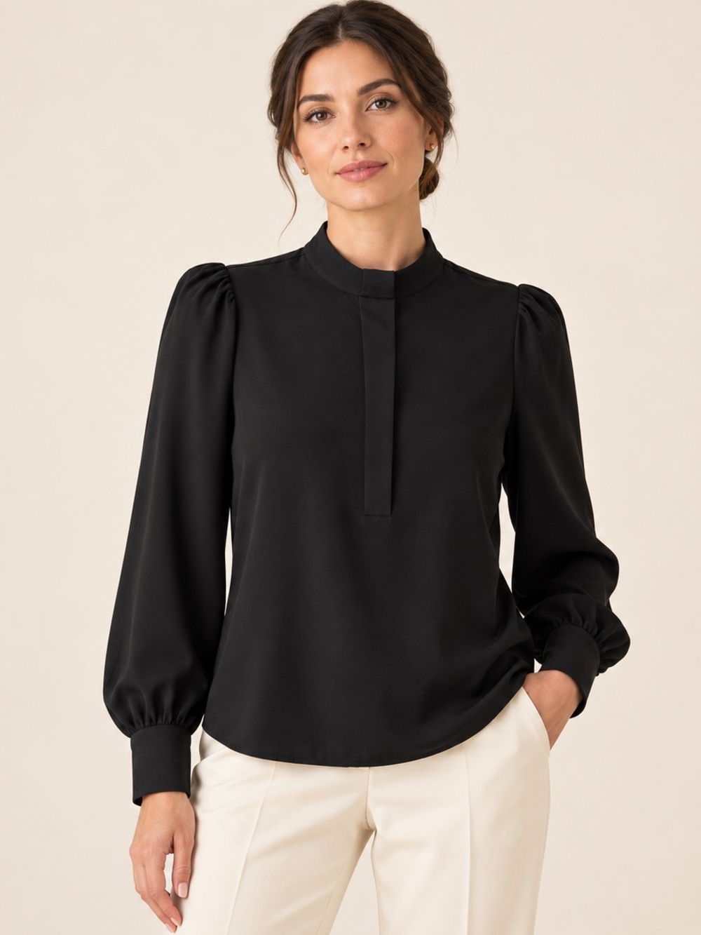 J.ING Black Mock Neck Puff Sleeve Blouse Pearl Button Detail Size S